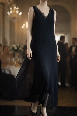 Vintage Jones NY Black V-Neck Ruffle Beaded Midi Ball Gown Dress Size 10 NWT